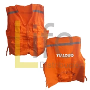 RT-CH01-NR/12 CHALECO NARANJA DE SEGURIDAD CON CINTA REFLECTIVA CON LOGO POSTERIOR X 12 UNID